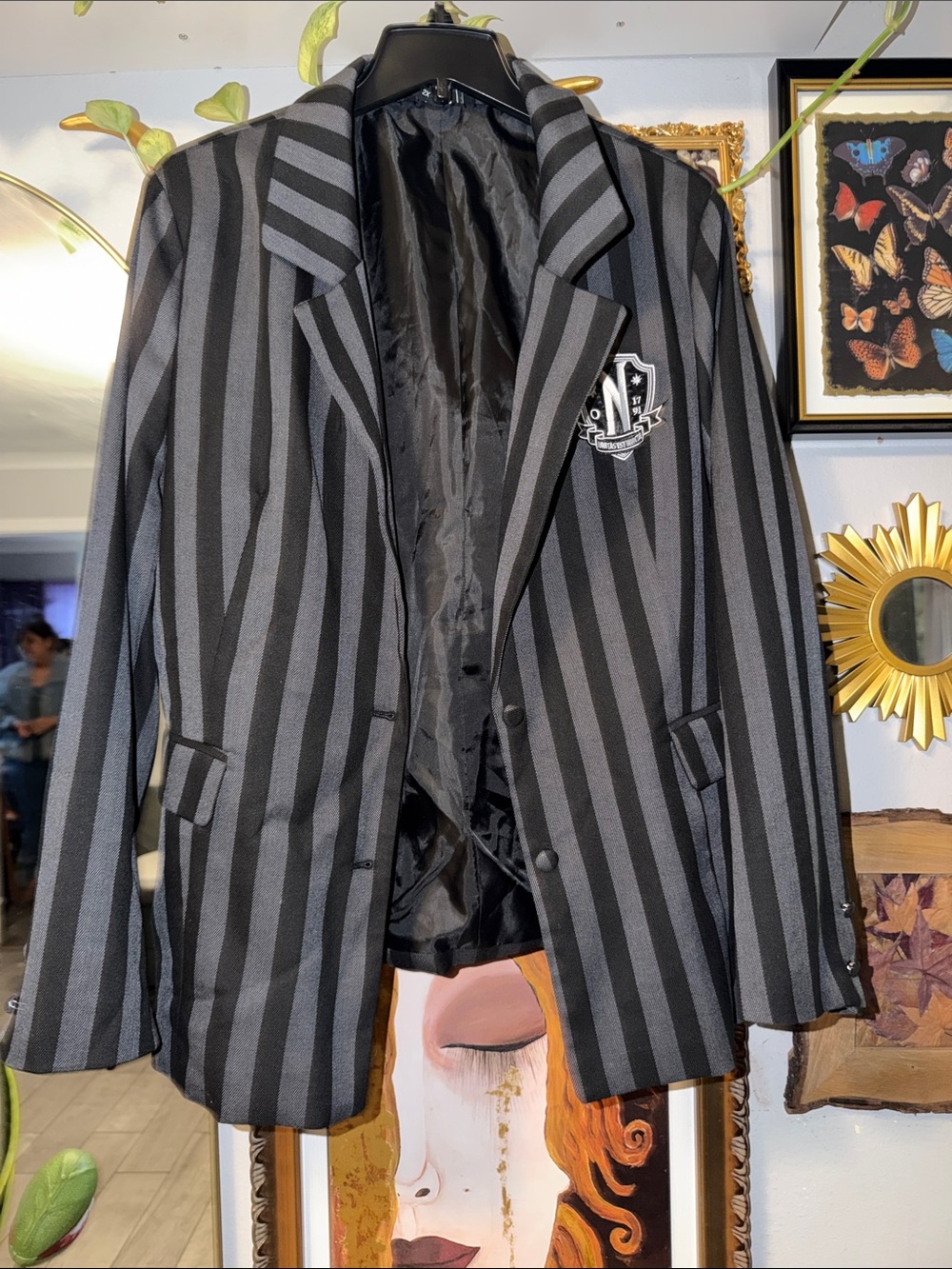 Wednesday Black & Gray Striped Blazer with Crest